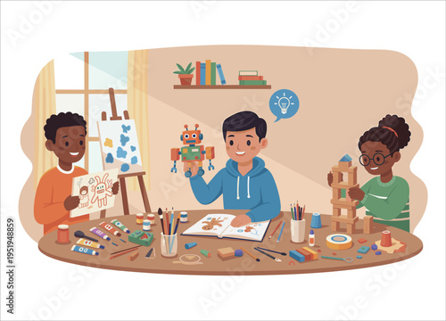 Children engaged in creative activities indoors showcasing imagination on transparent background silhouette high quality professional detailed modern elegant stylish clean crisp