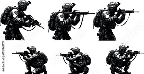 Silhouette vector illustration of soldier in tactical shooting stances, helmet, night vision goggles, rifle, kneeling and standing combat positions