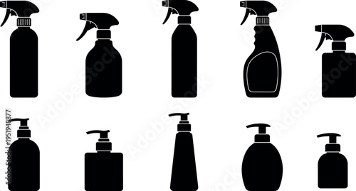 Silhouette vector illustration of spray and pump bottles, cleaning containers, personal care packaging, diverse shapes for household and commercial design