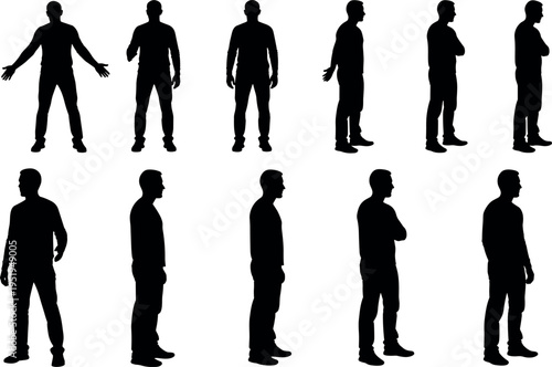 Silhouette vector illustration of standing human figures in multiple poses, front side and back views, posture gestures, character modeling design