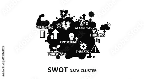 SWOT analysis data cluster infographic with strengths weaknesses opportunities threats in black and white modern design
