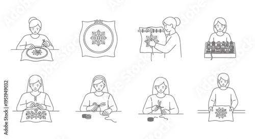 Set of 8 sewing icons vector, illustrations of people sewing