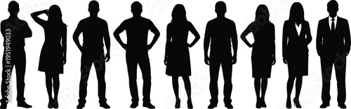 Silhouettes of diverse people standing together, group teamwork concept, unity, diversity, anonymous figures, black vector illustration, creative design elements