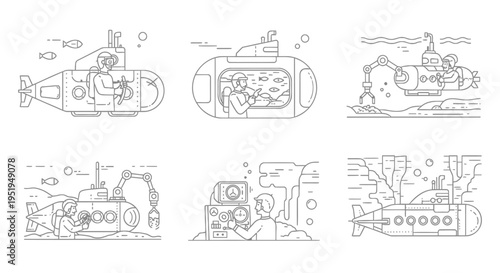 Set of 6 submarine icons vector
