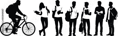 Student silhouettes, campus life, bicycle rider, casual conversation, backpacks, youth lifestyle, education theme, academic interaction, vector illustration, black silhouettes