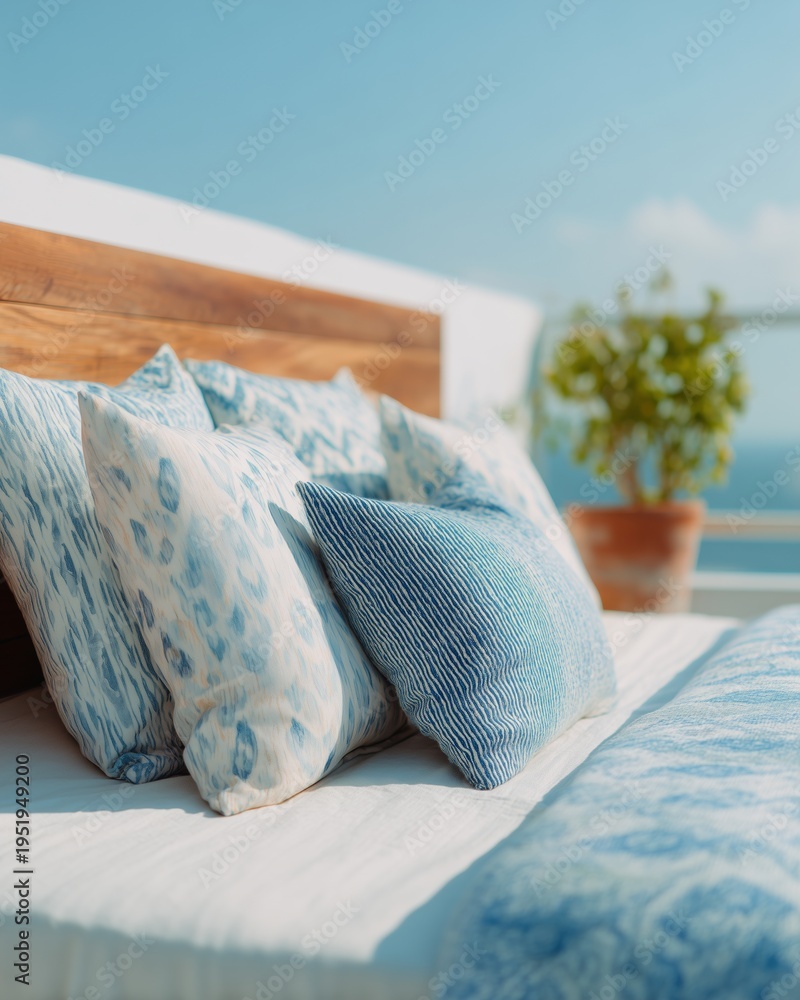 Fototapeta premium Wooden bed with layered patterned bedding and decorative pillows against a bright blue sky and potted plant in a serene outdoor setting