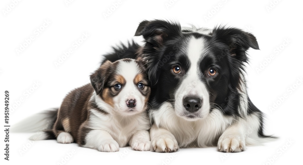 Fototapeta premium Border Collie Mother Embracing Her Small Puppy in a Loving Pose