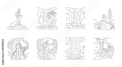 Set of 8 ancient ruins and statues vector illustrations