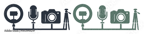 Set of icons for content creation: ring light, microphone, camera, and tripod.