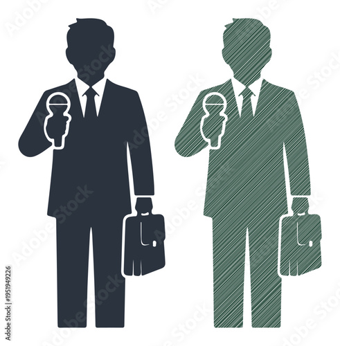 Journalist holding microphone and briefcase, ready for interview