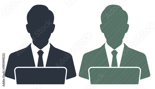 Two businessmen in suits working on laptops, representing teamwork and collaboration