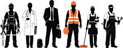 Silhouettes of diverse professions, construction worker, doctor, businessperson, cleaner, mechanic, workforce variety, occupational roles vector illustration design