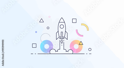 Simple Line Drawing of Rocket Launching.