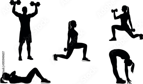 Vector illustration of fitness silhouettes, strength training exercises, stretching poses, dumbbell workouts, bodyweight movements, healthy lifestyle design icons