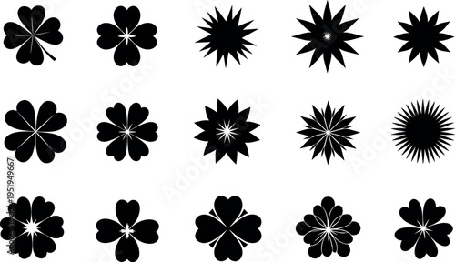 Vector illustration of floral silhouettes, geometric flower patterns, radial symmetry designs, decorative icons, creative art elements, ornamental motifs