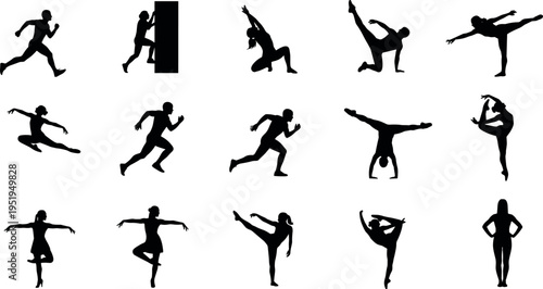 Vector illustration of human silhouettes in dynamic poses, running, dancing, stretching, jumping, balancing, expressive stances, physical activities, motion art