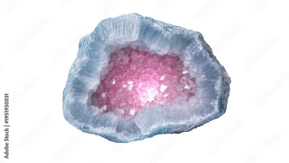 Fototapeta premium Stunning blue and pink crystal geode, a beautiful natural mineral formation with sparkling magenta quartz, isolated PNG on transparent background