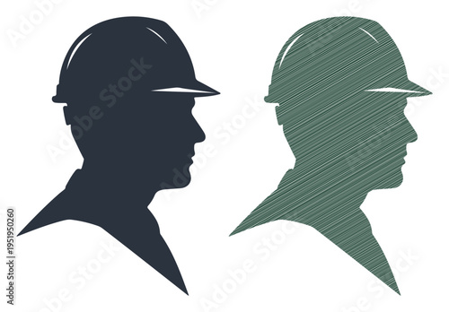 Two silhouetted profiles of men wearing hard hats, representing construction or industry