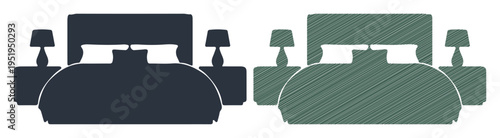 Two stylized beds with nightstands and lamps, representing comfort and home.