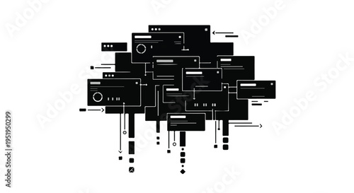 Technical circuit board illustration with complex black and white diagram, abstract electronic background for technology and engineering concepts