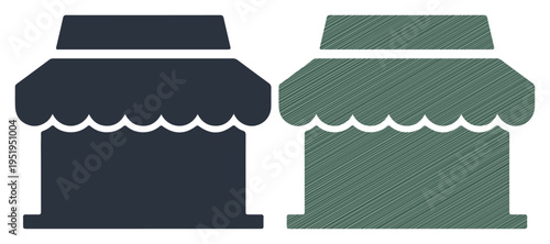 Two simple store fronts side by side, representing commerce and retail options