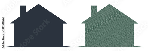 Two simple house icons, one solid dark blue and one green with hatching, representing choices or comparison.