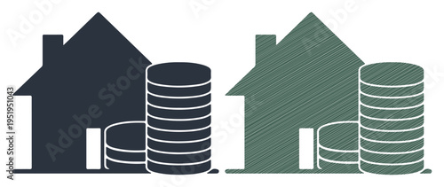 Two stylized houses with stacks of coins, symbolizing real estate investment and financial planning.