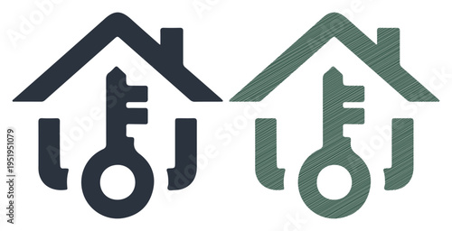 Two stylized house icons with keys inside, representing real estate and home ownership.