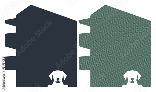 Adorable dog peeking from behind a stylized house silhouette