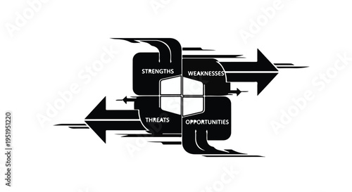 Business strategy concept with arrows pointing to strengths, weaknesses, opportunities, and threats in black and white color scheme for marketing and management