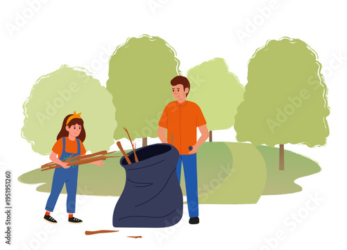 Man with girl collect branches and trash in park or forest into large black bag. Vector illustration, cleaning nature together