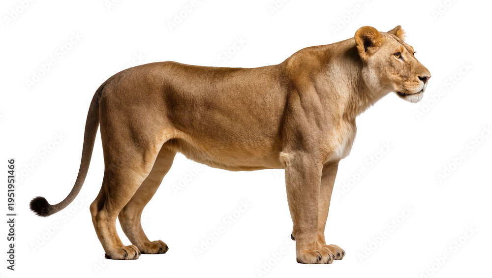 Obraz premium Majestic African lioness standing gracefully, full body side view isolated PNG on transparent background, powerful wild animal