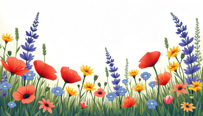 Vibrant wildflowers border with poppies lavender daisies in green grass. Colorful blooms and plants grow under bright light. Nature scene with copy space. Botanical graphic element.