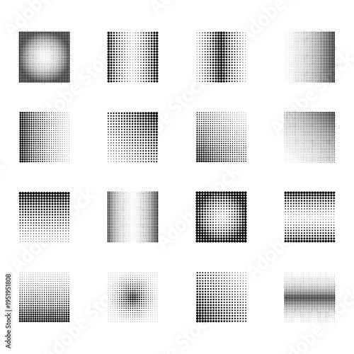 Set of halftone effect textures in varied styles, featuring dotted, gradient, and comic-inspired patterns, ideal for backgrounds, overlays, pop-art designs, digital art, and posters