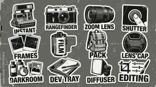 A collection of vintage-style monochrome icons representing various photography equipment and processes, including cameras, lenses, film, and darkroom tools.