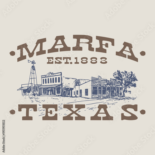 Vintage Postcard with Antique Postage Stamp of Marfa Texas Desert Town Street
