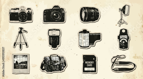 Vintage-style illustrations of various photography equipment and accessories, including cameras, lenses, film, tripods, and memory cards, presented on a textured background.