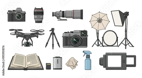 A comprehensive collection of modern photography and videography equipment, including cameras, lenses, drones, studio lights, and accessories, laid out on a white background.