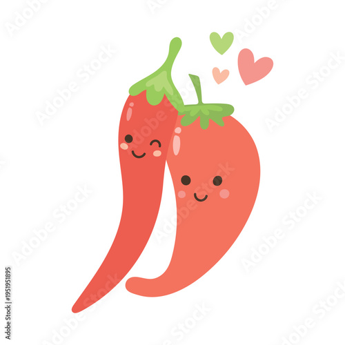 Happy chili pepper cartoon characters with hearts, spicy vegetable illustration about cooking ingredients, healthy food and kitchen recipes, ideal for food blogs and nutrition themes
