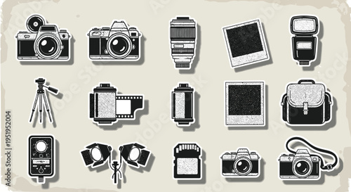 A collection of vintage-style photography equipment icons including cameras, lenses, film, flashes, and accessories on a textured background.