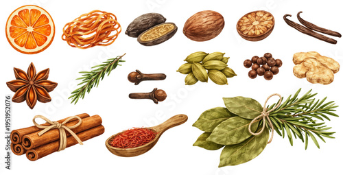 A beautiful collection of watercolor winter spices, featuring cinnamon sticks, star anise, vanilla pods, dried orange slices, and aromatic herbs, isolated on a transparent background.