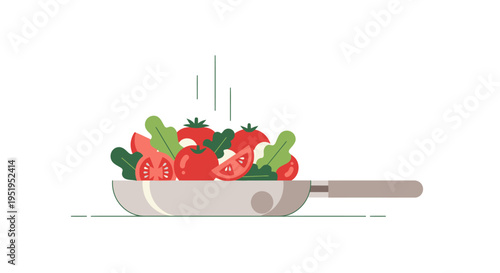 Minimalist Flat Illustration of Fresh Tomatoes and Leafy Greens in a Frying Pan - Healthy Cooking Concept