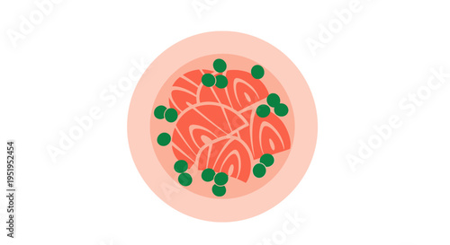 Flat Illustration of Salmon Sashimi with Green Peas on a Plate - Healthy Seafood Vector Art
