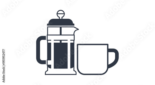 Minimalist French Press Coffee Maker and Mug Vector Icon Illustration