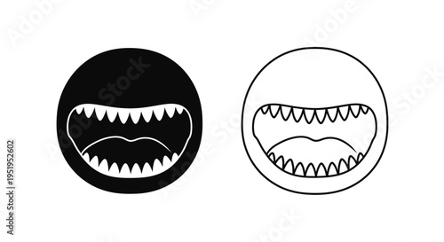 Two circular monster faces with open mouths black and white silhouette