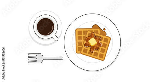 Top View Illustration of Belgian Waffles with Maple Syrup and Butter on a Plate alongside a Cup of Black Coffee and a Fork - Minimalist Breakfast Concept