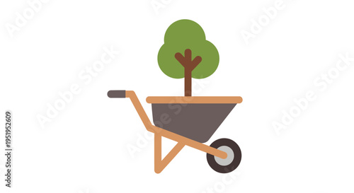 Minimalist Wheelbarrow with Growing Tree Illustration - Eco-Friendly Gardening and Environmental Sustainability Concept Vector