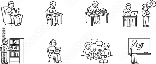 education and learning icon set, vector outline students studying reading writing classroom and online learning isolated on transparent background