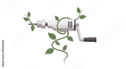 Conceptual Illustration of a Hand Drill with Growing Green Vines, Representing Sustainable Construction and Eco-Friendly Building Practices