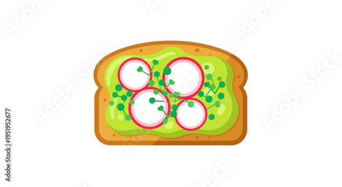 Healthy avocado toast with radish and microgreens flat illustration on white background